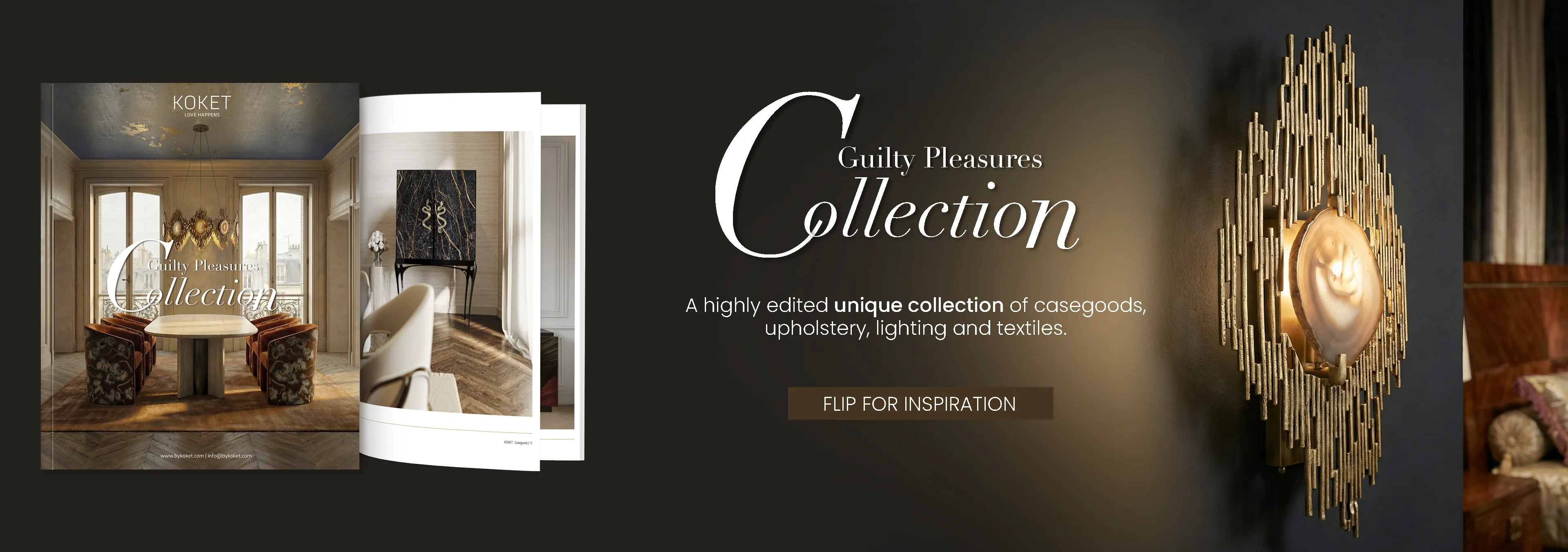 Desktop slide presenting the KOKET Guilty Pleasures Collection catalog and lighting design detail.