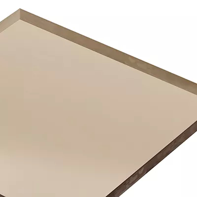 A sheet of translucent bronze-tinted glass, featuring Koket's Bronze Mirror finish.