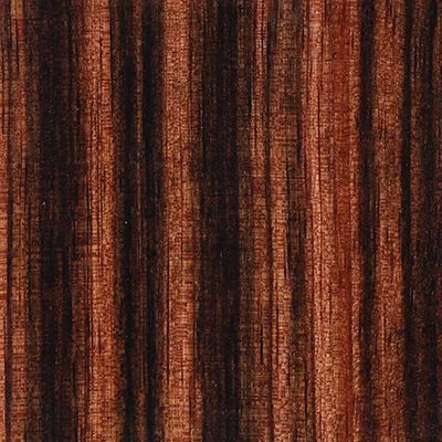 Close-up Ebony Veneer (Gloss): wood surface with a dark and pronounced grain pattern, featuring a glossy and reflective finish.