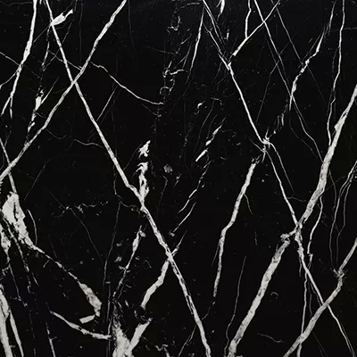 Close-up Nero Marquina Marble: deep black marble with thin and irregular white veins, featuring a smooth and polished surface.