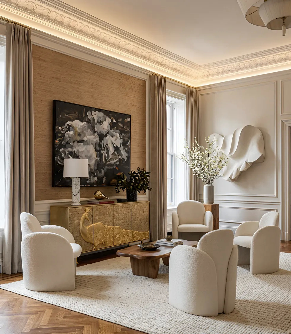 KOKET luxury living room featuring the Camélia Mother of Pearl cabinet paired with Oh La La lounge chairs, styled in a refined neutral interior with sculptural accents.