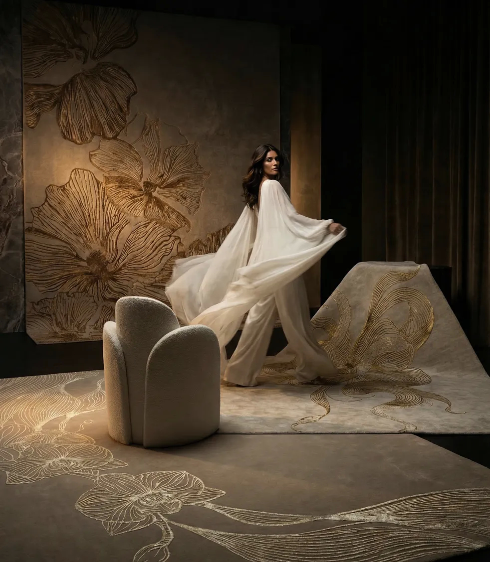 KOKET Soft Pleasures rug collection showcased with sculptural floral rugs in warm neutral and gold tones, styled in an artistic luxury interior setting.