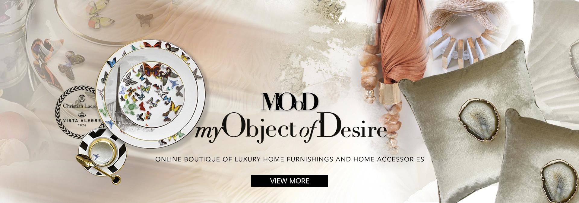 A promotional banner for myObjectofDesire, KOKET's online boutique for luxury home furnishings and accessories, with elegant product imagery.