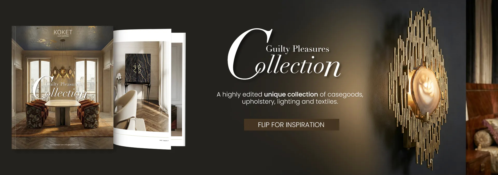 Desktop slide presenting the KOKET Guilty Pleasures Collection catalog and lighting design detail.