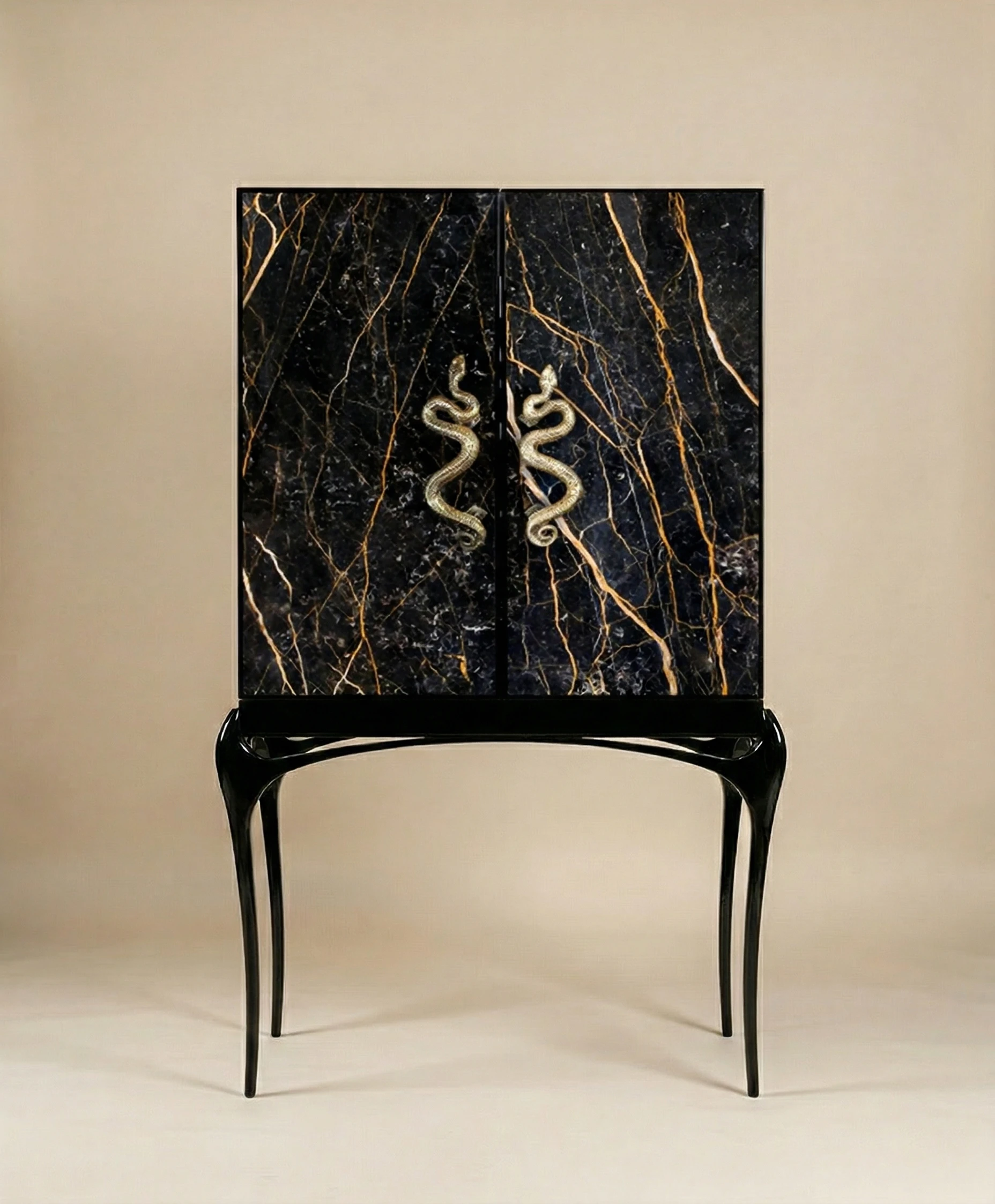 India Bar Cabinet with black marble doors, gold veining and snake-shaped brass handles