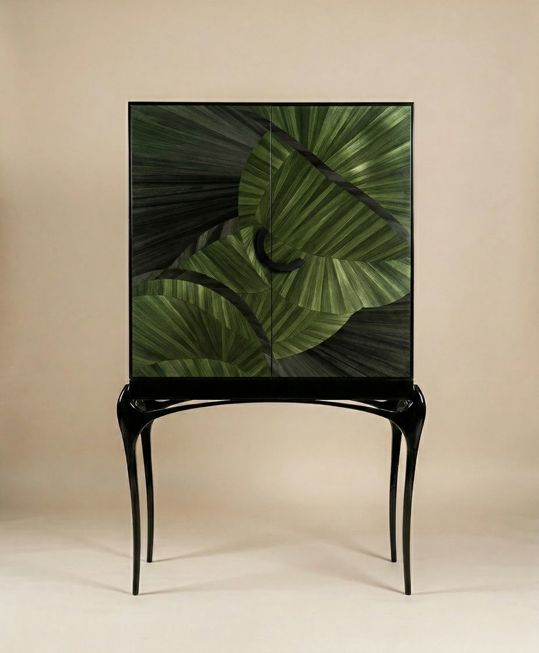 Sahara Bar Cabinet with green leaf-patterned marquetry doors and black sculptural legs