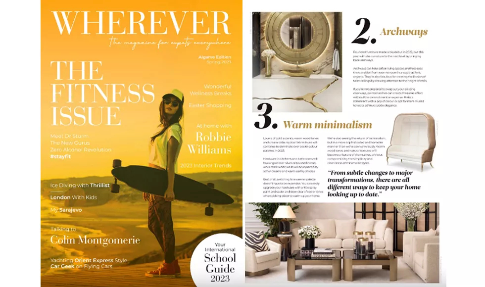 Wherever magazine spread with "The Fitness Issue" cover and an interior design article featuring Koket's Drapesse Sofa.