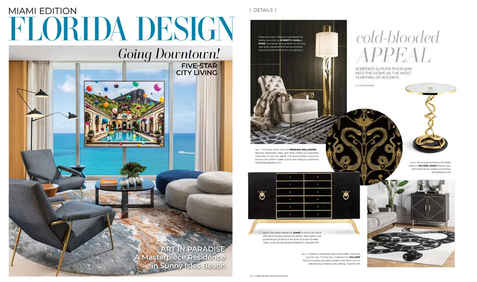 Florida Design Miami spread, with cover showing a modern living room, and interior page featuring KOKET's Sinful Cabinet.