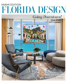 Florida Design Miami Edition cover showing a modern living room with ocean views and vibrant artwork above a sofa.
