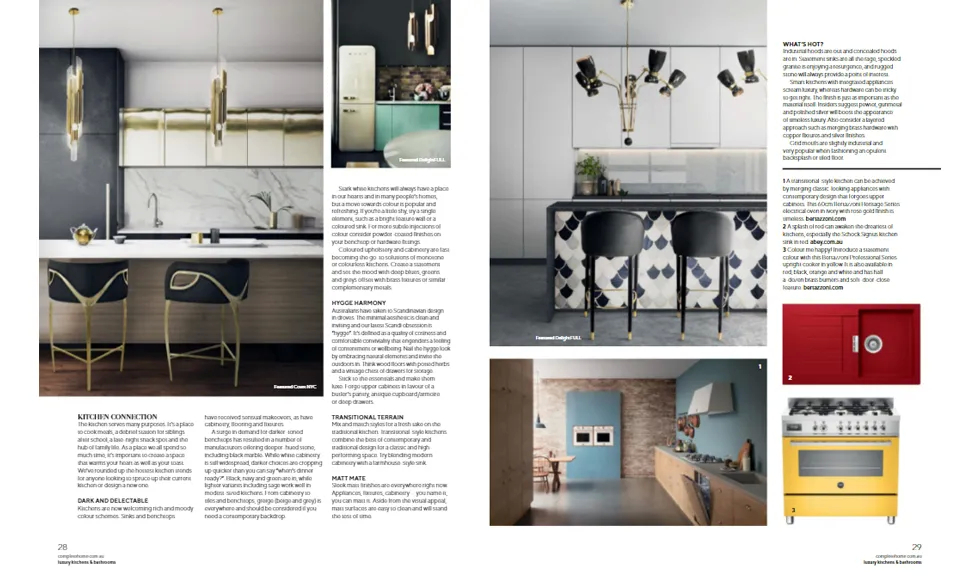 Luxury Kitchens & Bathrooms press clipping featuring kitchen designs and Koket's Chandra Bar Stool.