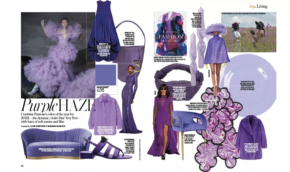 Spread from Vogue Arabia titled Purple Haze, showcasing various fashion and home items in shades of purple.