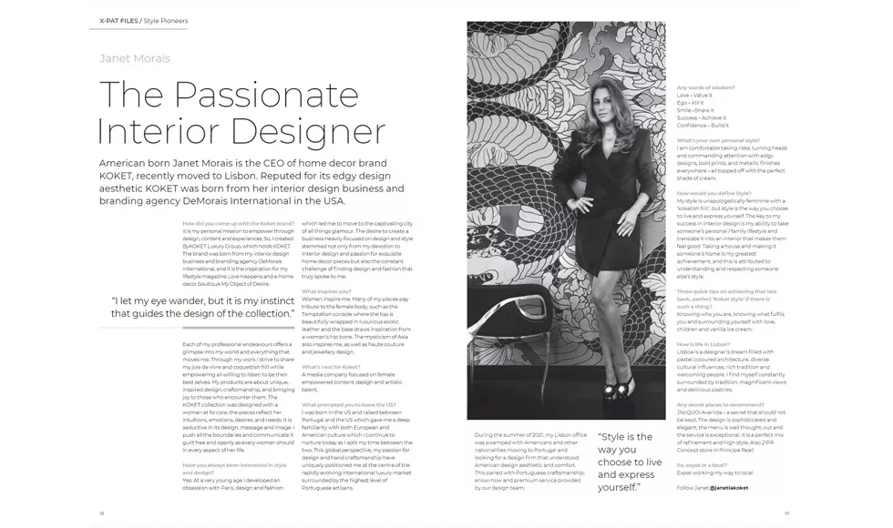 Full-page spread from Wherever magazine featuring an interview with Janet Morais, CEO of KOKET, about her design philosophy.