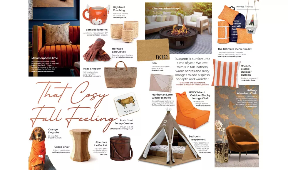 Collage of autumn-themed home decor, including a KOKET Aberdeen Chair, featured in Wherever magazine's That Cosy Fall Feeling.