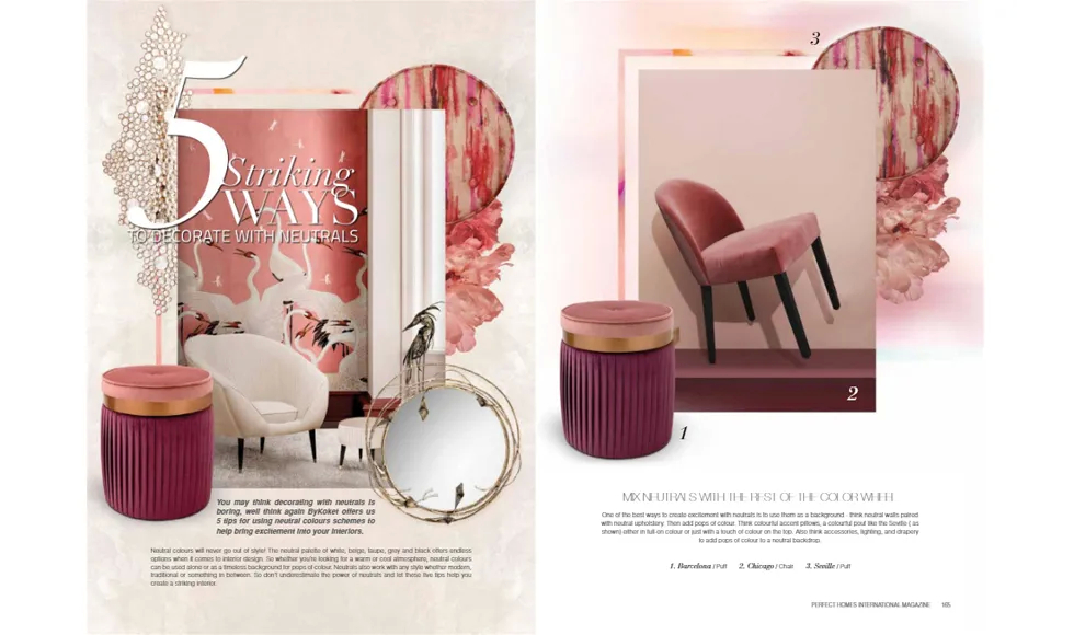 Perfect Homes press clipping featuring 5 Striking Ways to Decorate with Neutrals and Koket's Isabella Stool.