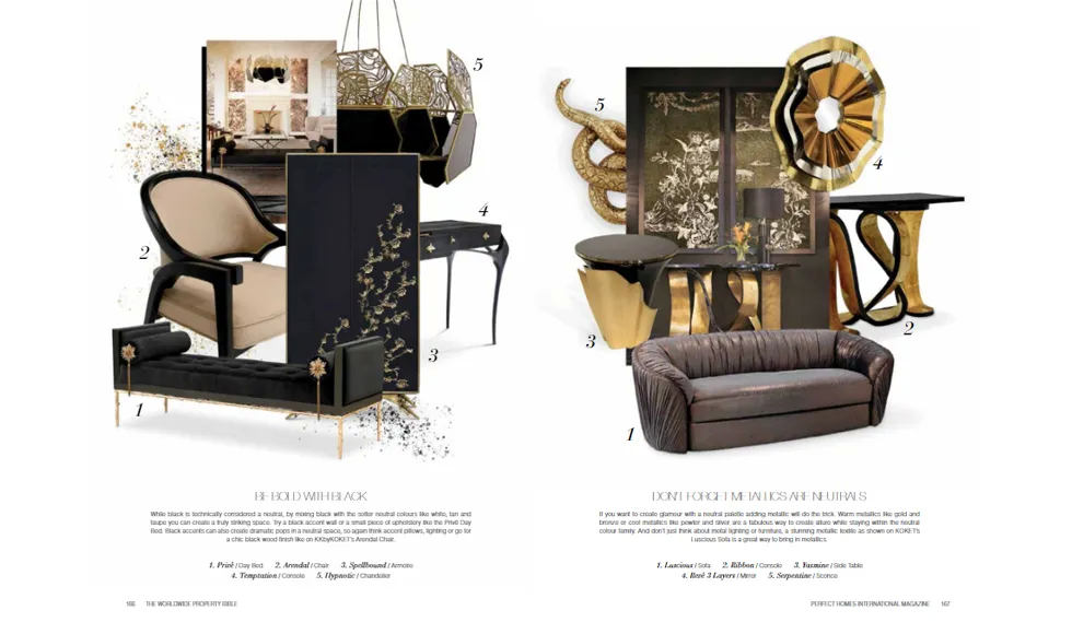 Perfect Homes press clipping with two pages featuring multiple Koket pieces in black and gold tones.