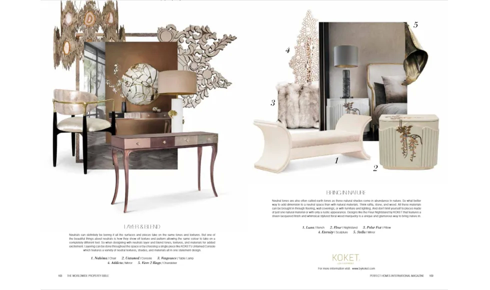 Perfect Homes press clipping showcasing multiple Koket pieces in a neutral, natural-themed interior design.
