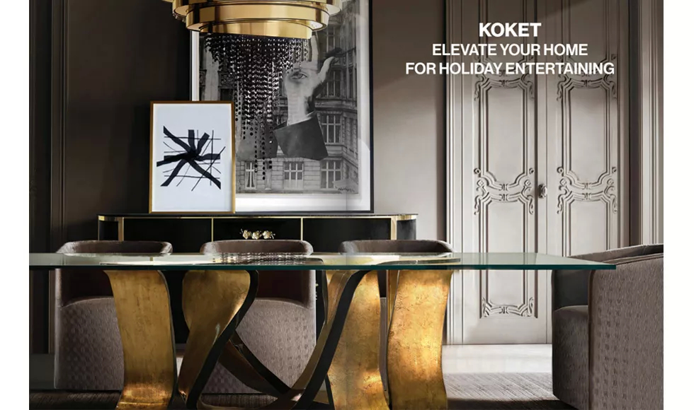 Press clipping from Elevated Luxury, showing a luxurious dining room with the Koket Ribbon Dining Table.