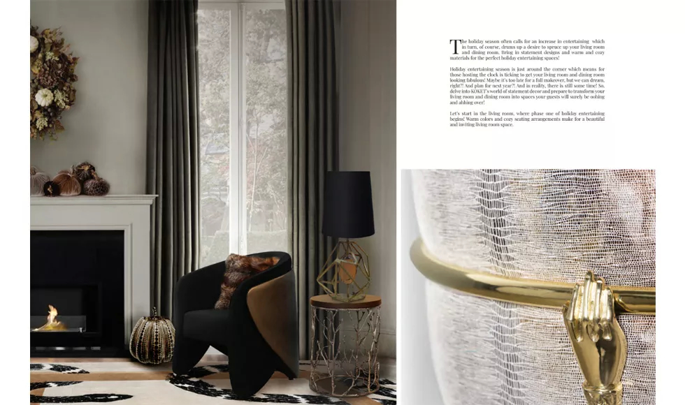 Press clipping from Elevated Luxury, showing a luxurious living room with a fireplace and various Koket products.
