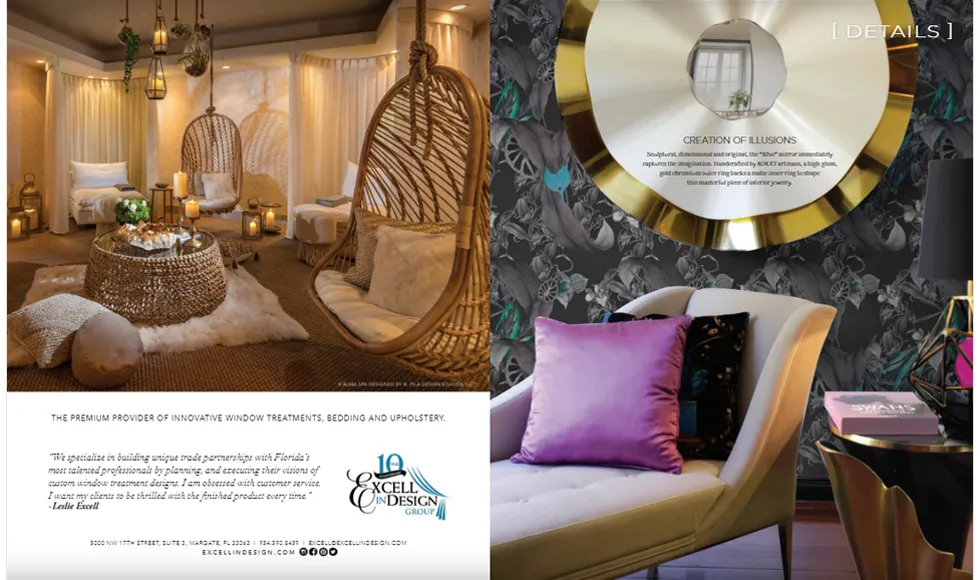 Florida Design Magazine press clipping featuring a hanging chair room and Koket's Revê Mirror.