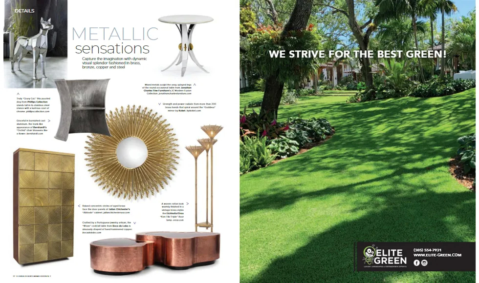 Florida Design Magazine press clipping featuring "Metallic Sensations" and Koket's Goddess Mirror.