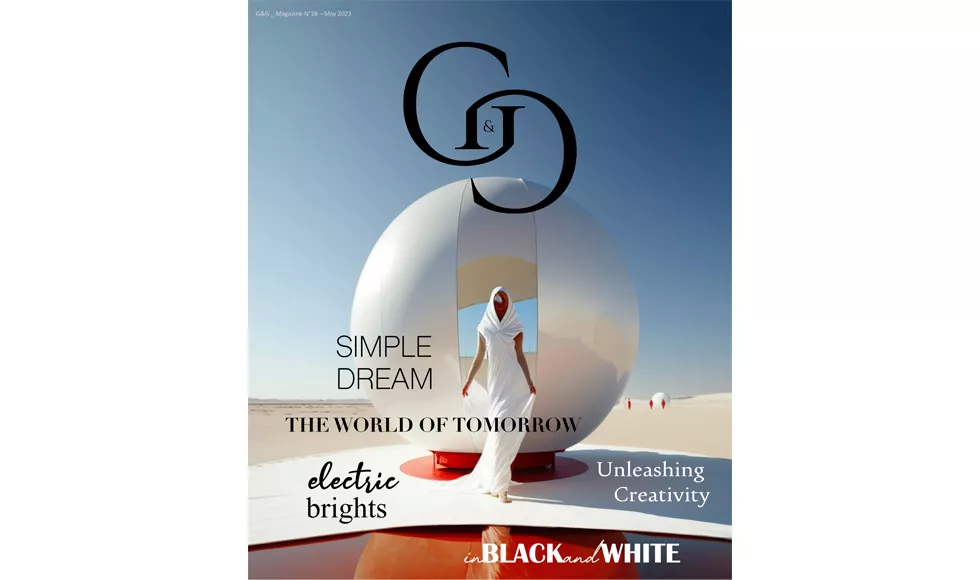 G&G magazine cover, May 2023, featuring a woman in a white dress standing in front of a futuristic white structure.