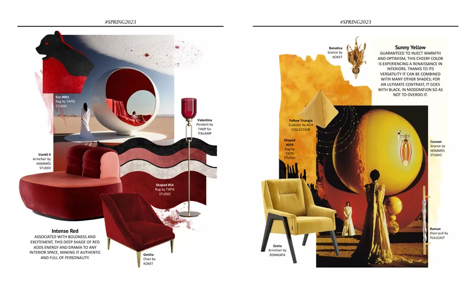 A G&G press clipping showcasing Koket's Naomi Chair in an Intense Redb interior design spread.