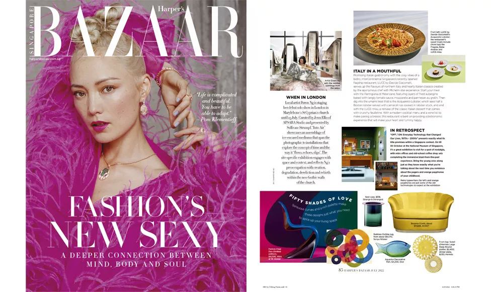 Press clipping of Harper's Bazaar Singapore, with Pom Klementieff on the cover and a spread featuring Koket's Besame Metal Base Sofa.