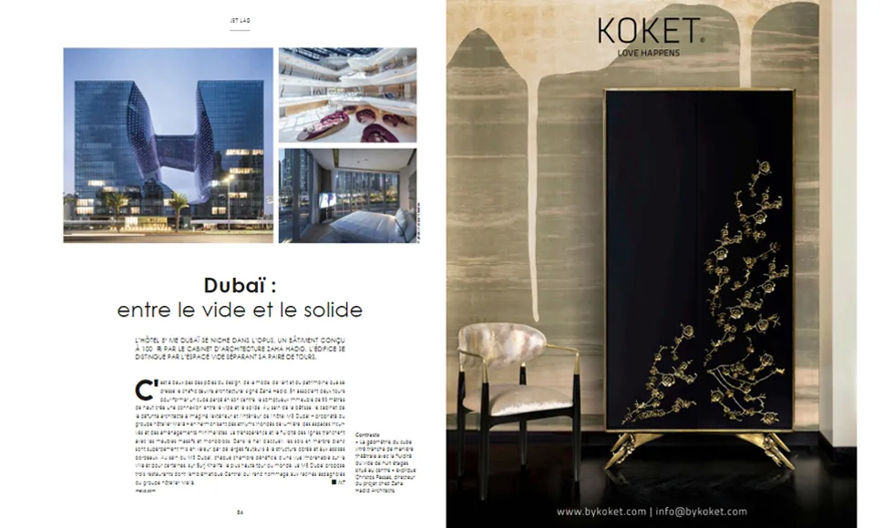 Traits D'eco Magazine press clipping featuring Koket's Spellbound Armoire with intricate gold detailing.