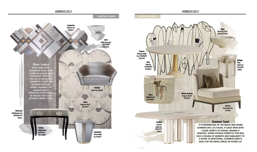 G&G magazine spread showing luxury furniture and decor, including Koket's Lemprica Mirror and several other pieces.