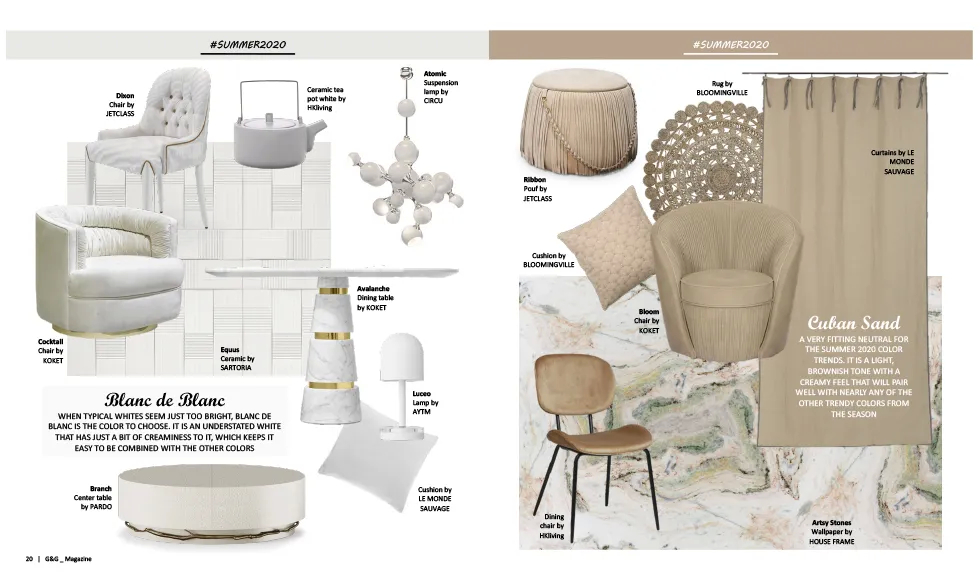 G&G press clipping featuring Koket's Cocktail Armchair, Avalanche Dining Table, and Bloom Armchair.