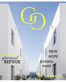 Press clipping of the G&G magazine cover with a white building facade and "spiritual refuge" text.