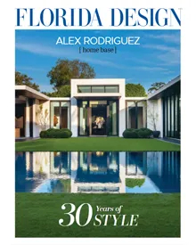 Florida Design Magazine cover with a modern house, a reflecting pool, and "Alex Rodriguez [home base]".