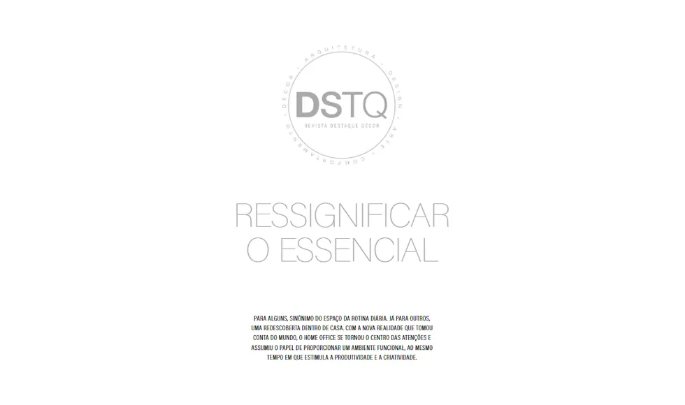 Destaque Decor press clipping cover with the title Ressignificar o Essencial, in a minimalist, light gray design.
