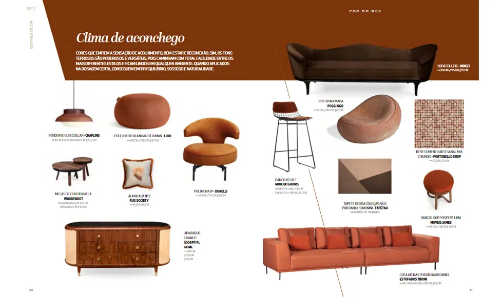 Destaque Decor press clipping with "Clima de aconchego" and furniture including Koket's Colette Sofa.