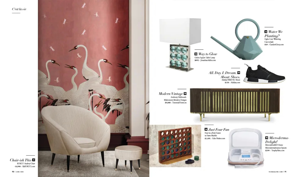 VIE Magazine press clipping with a pink crane wallpaper, an Audrey Chair by Koket, and various products.