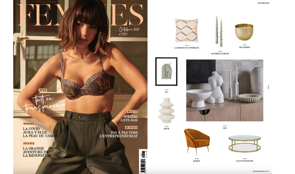 Press clipping of Femmes magazine with a model in a bra and trousers, featuring Koket's Checlet Chair.