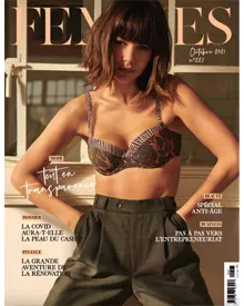 Femmes magazine cover from October 2021, featuring a woman in a bra and high-waisted trousers.