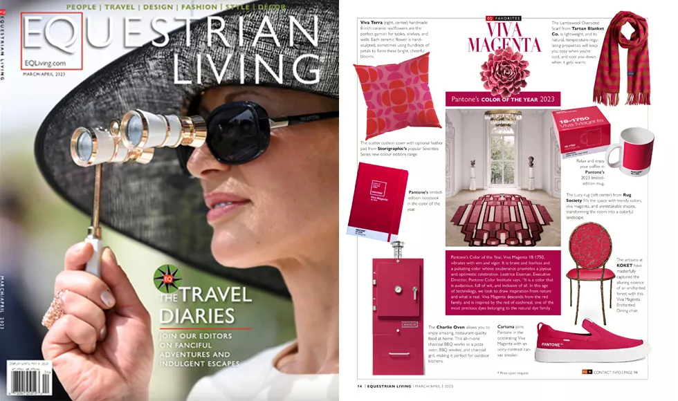 Equestrian Living magazine spread featuring Koket's Enchanted Dining Chair, a luxurious red chair with a unique design.