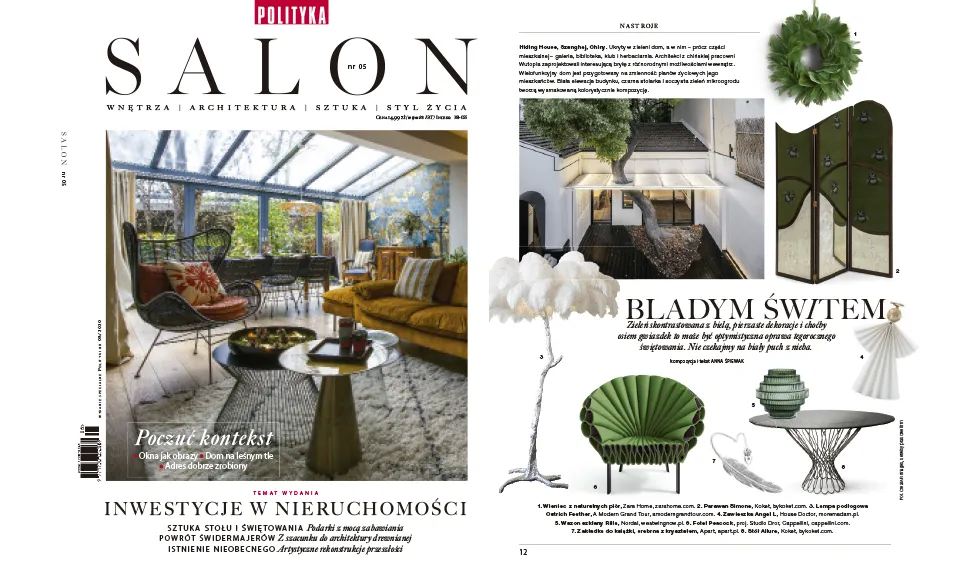 Salon magazine spread featuring a living room and an interior design section with Koket's Allure Dining Table.