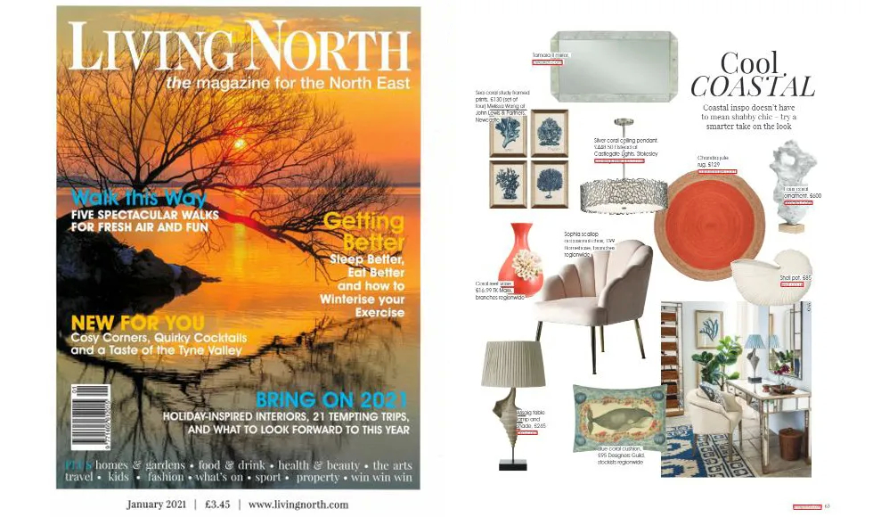 Living North magazine spread with a coastal decor theme featuring Koket's Tamara Mirror and other furnishings.