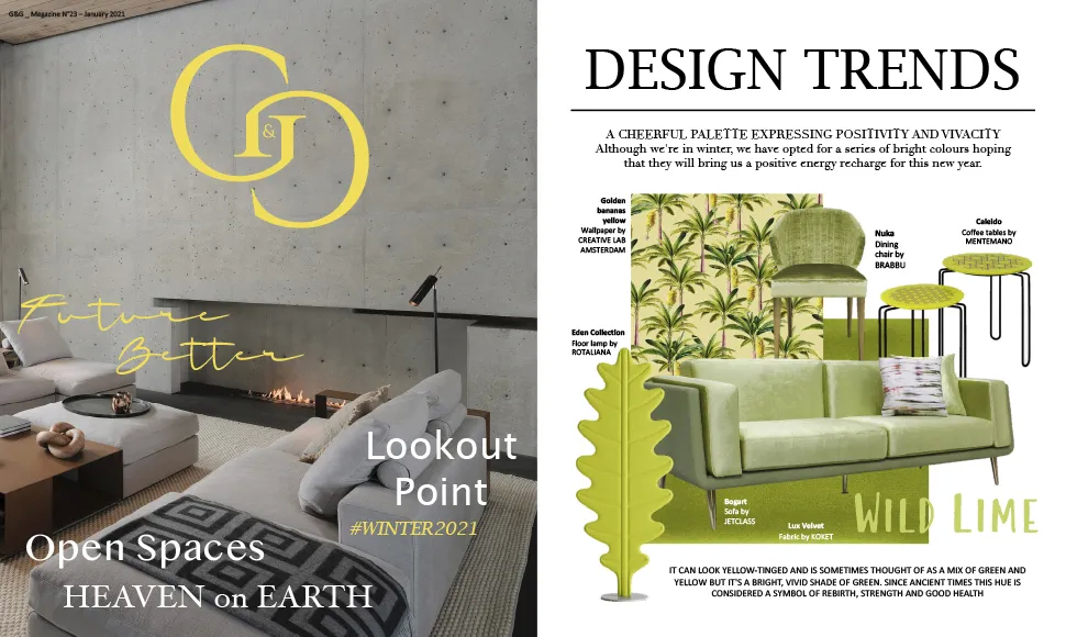 G&G magazine spread, Winter 2021, featuring a modern living room and a Wild Lime design trends section.
