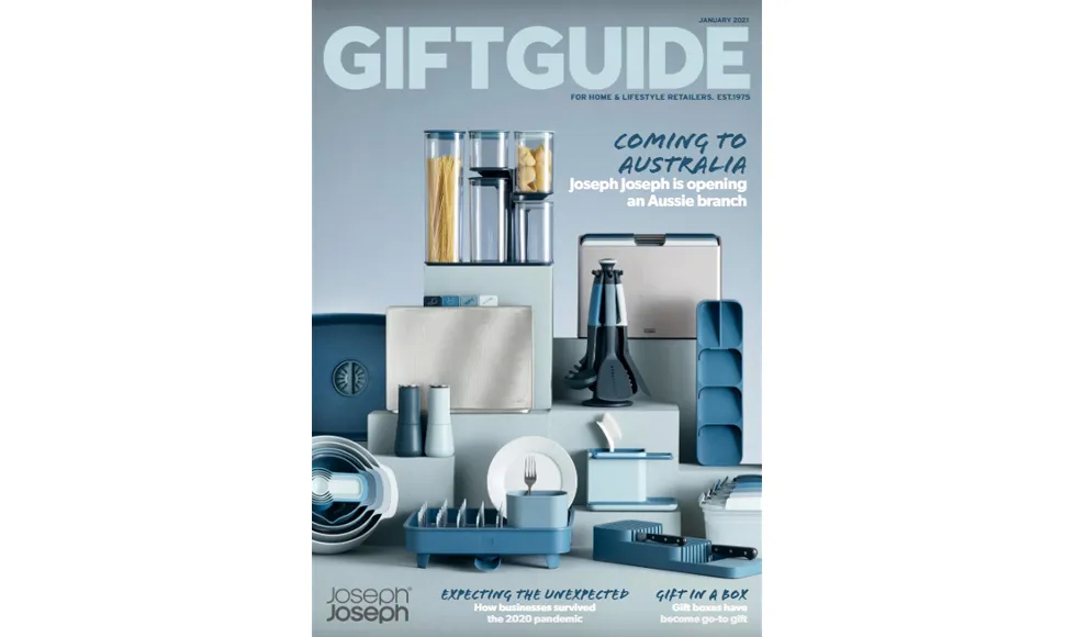 Press clipping: Gift Guide magazine cover featuring a collection of Joseph Joseph kitchenware in blue and grey.