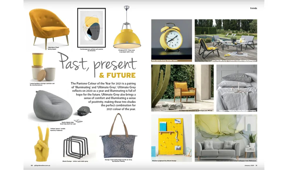 Press clipping: Gift Guide magazine spread featuring "Past, present & future" design trends, including Koket's Aberdeen Chair.