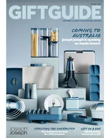 Press clipping: Gift Guide magazine cover featuring a collection of Joseph Joseph kitchenware in blue and grey.