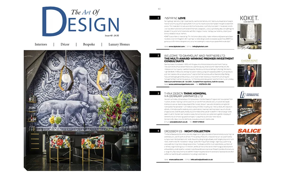 A spread from The Art Of Design magazine featuring a luxurious interior with Koket's Tears Coffee Table and Vamp Sofa.
