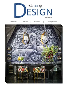 Press clipping: The Art of Design magazine cover showing a luxurious bar area with mosaic art and floral stools.