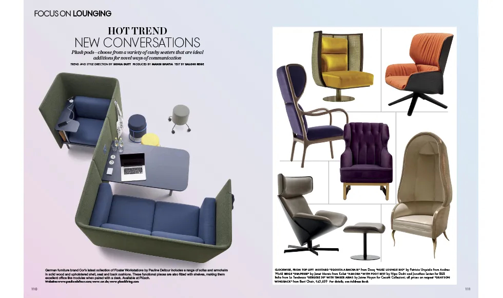 Press clipping from Elle Decor magazine, featuring a spread on "New Conversations" and "Hot Trend" with several accent chairs, including Koket's Drapesse Chair.