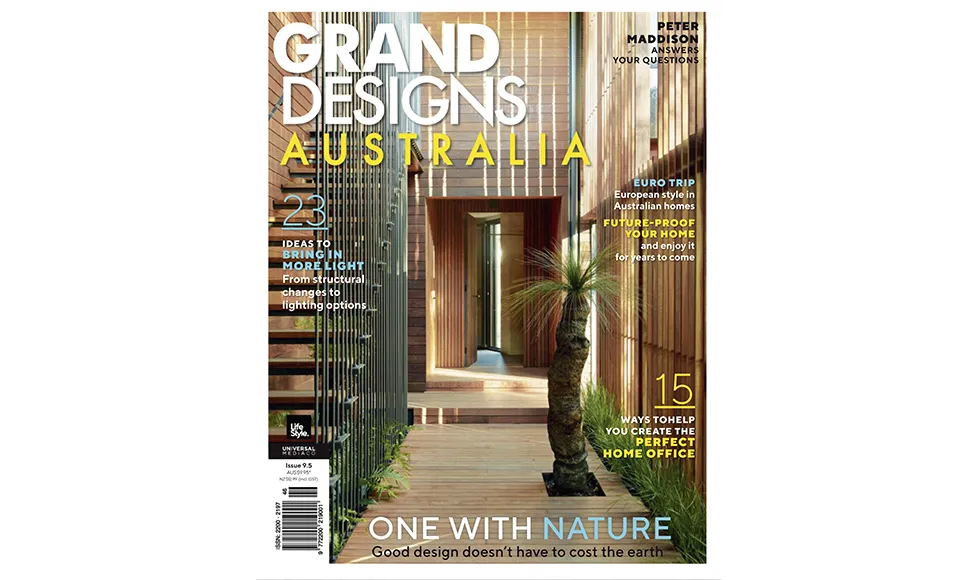 Grand Designs Australia press clipping cover featuring a modern home with wooden walls and a plant.