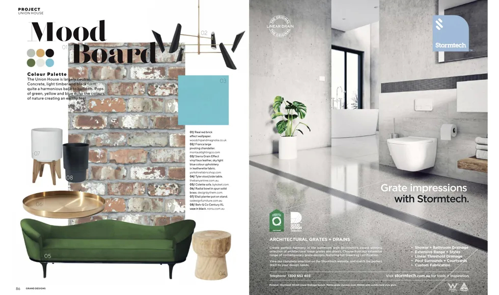 Grand Design press clipping: a mood board with a green Koket Colette Sofa, and a bathroom design with Stormtech drains.