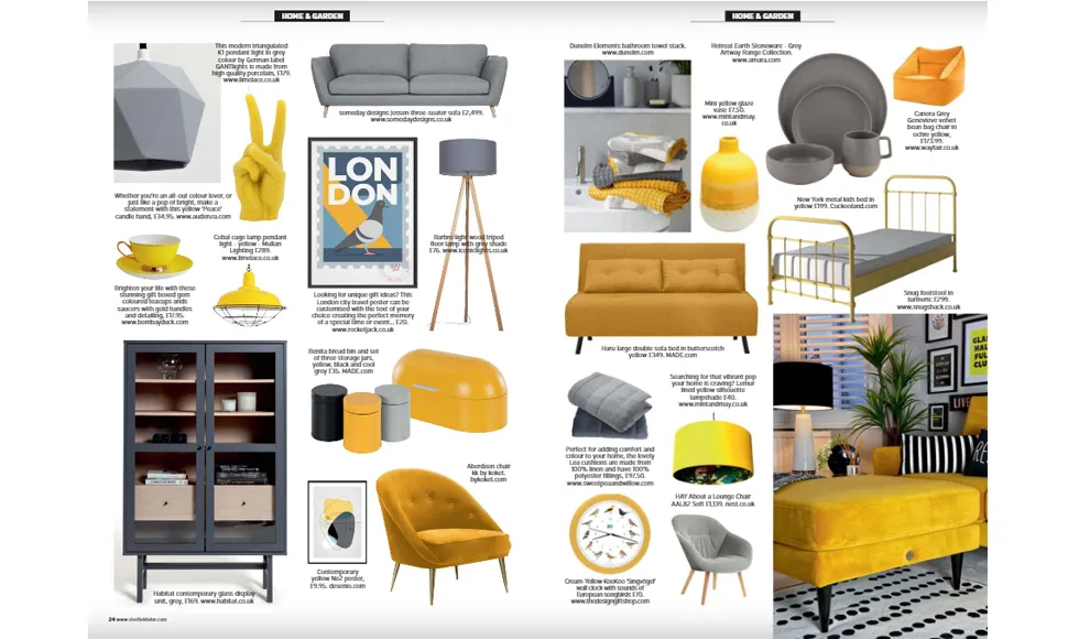 Westside press clipping showcasing yellow and gray home decor, including an Aberdeen Chair and lighting.
